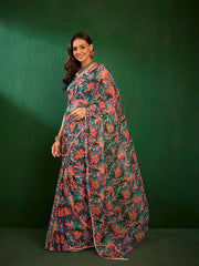 Teal Blue Floral Printed Saree