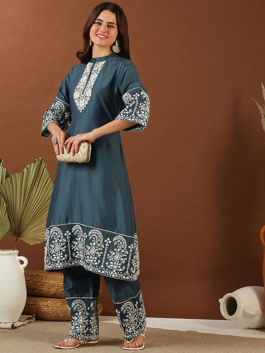 Blue Floral Yoke Design Empire Thread Work Kurta With Palazzo