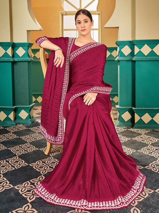 Magenta Embellished Beads and Stones Satin Saree