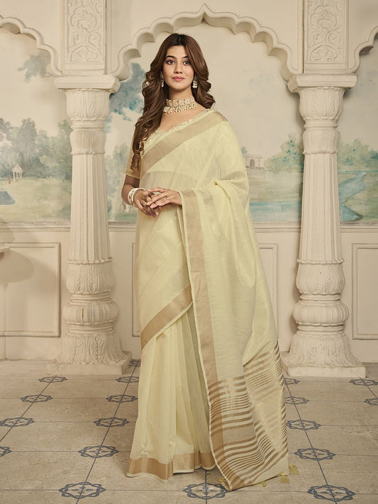 Beige And Gold-Toned Zari Solid Saree