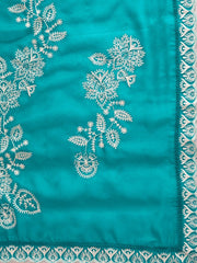 Blue And White Ethnic Motifs Embroidered Organza Saree