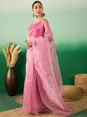 Pink Floral Digital Printed Saree With Blouse Piece