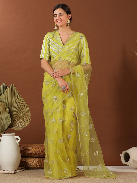 Yellow Floral Embroidered Net Saree