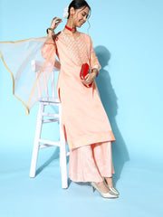 Women Peach Solid Chanderi Cotton Ethereal Embroidery Kurta Set