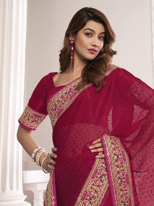 Magenta And Gold-Toned Polka Dots Embroidered Sequinned Saree