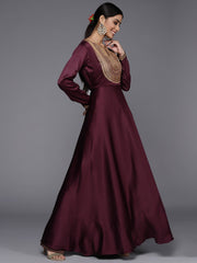 Women Burgundy Yoke Design Satin Anarkali Kurta