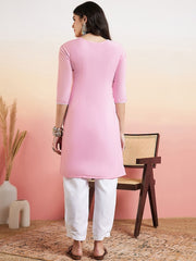 Pink & White Floral Embroidered Straight Kurta & Dhoti Pant