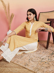 Mustard Yellow Ethnic Motifs Printed Pure Cotton Straight Kurta With Palazzo