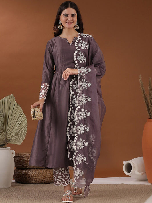 Mauve Notched Neck Thread Work A-Line Kurta with Trousers & With Dupatta