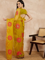 Yellow Floral Embroidered Sequinned Organza Saree