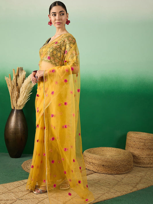 Yellow Floral Embroidered Saree With Brocade Blouse Piece