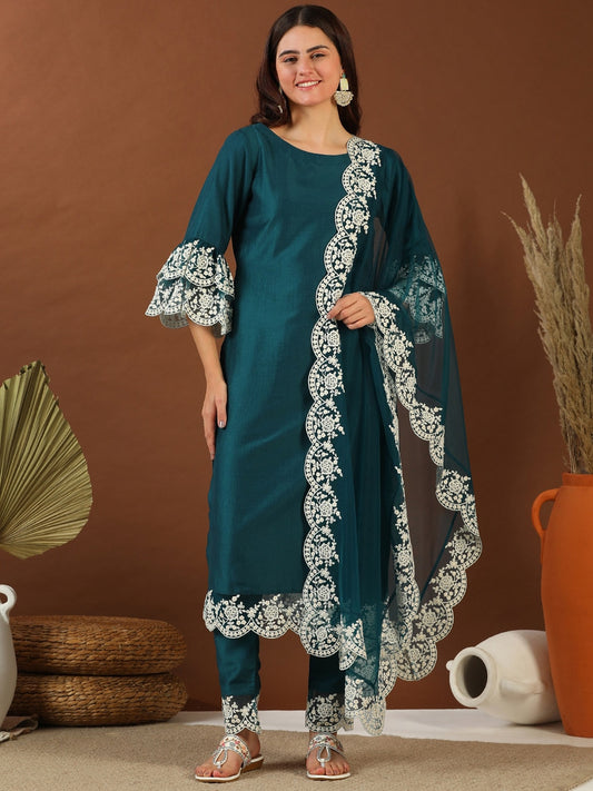 Teal Thread Work Round Neck Flared Sleeves Kurta with Trousers & With Dupatta