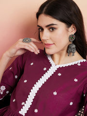 Purple & White Floral Embroidered Pleated Ethnic Co-ords