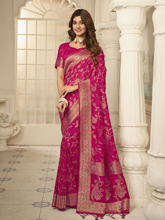 Magenta And Gold-Toned Woven Design Zari Saree