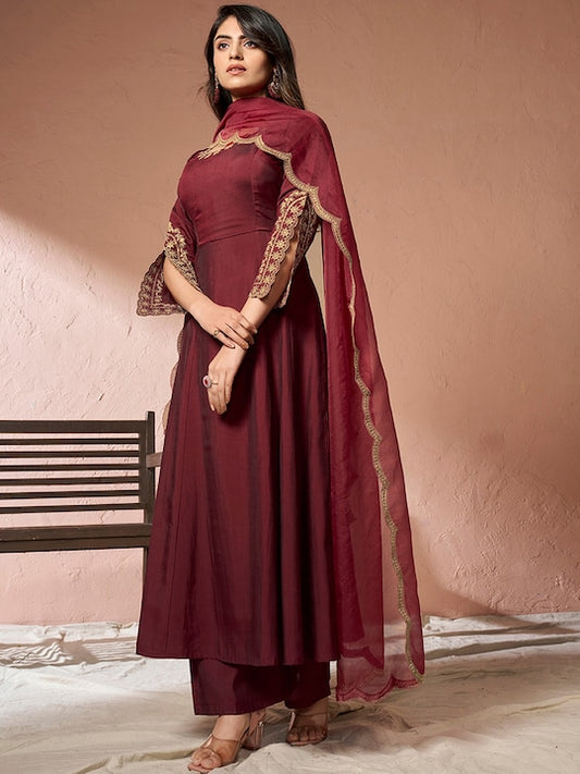 Pure Silk Anarkali Kurta With Palazzos & Dupatta