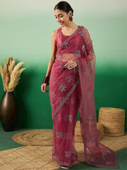 Pink Floral Zari Embroidered Saree With Blouse Piece