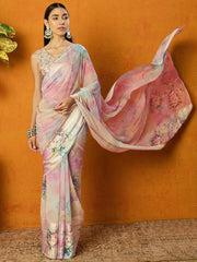 Off White Floral Sequinned Poly Georgette Saree