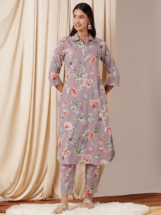 Floral Printed Shirt Collar Side Slits Straight Kurta With Trousers