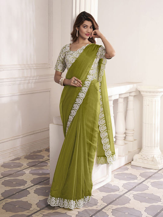 Green And White Embroidered Organza Saree