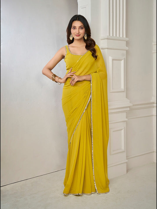 Mustard Embellished Mirror Work Saree