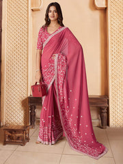 Pink Floral Thread and Sequins Embroidered Saree