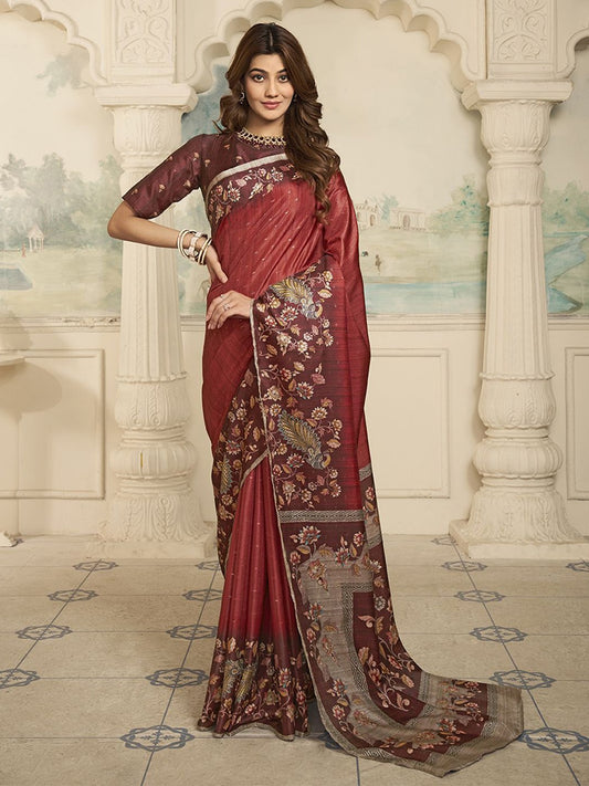 Maroon And Beige Floral Woven Design Zari Saree