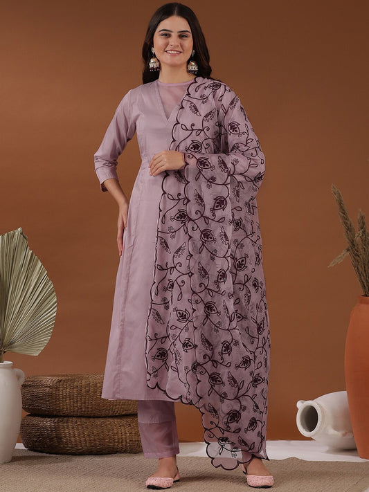 Lavender Empire A-Line Kurta With Trousers & Dupatta