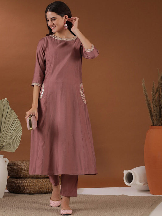 Pink Yoke Design Sequinned Empire A-Line Kurta With Trouser