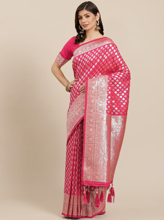 Magenta & Silver Woven Design Zari Silk Blend Kanjeevaram Saree