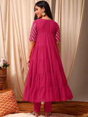 Pink Women Ethnic Motifs Embroidered Tiered Thread Work Kurta with Trousers