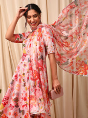 Pink Women Floral Printed Empire Gotta Patti Kurta with Trousers & With Dupatta