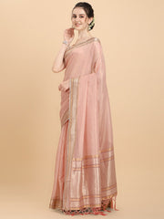 Women Peach Woven Design Organza Saree with Blouse Piece