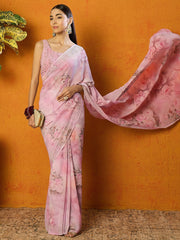 Pink Floral Beads and Stones Poly Georgette Saree