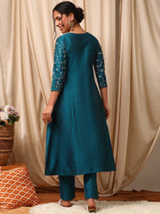 Teal Women Panelled Thread Work Pure Silk Kurta with Trousers