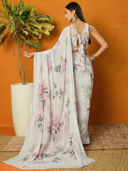 Off White Floral Embellished Poly Georgette Saree