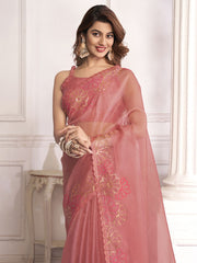 Pink Embellished Sequinned Organza Saree