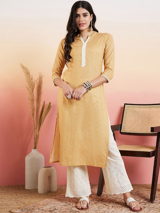 Mustard Yellow Ethnic Motifs Printed Pure Cotton Straight Kurta With Palazzo