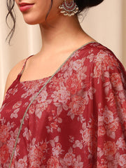 Women Maroon Floral Printed Regular Kurta with Trousers & With Dupatta