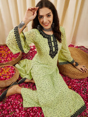 Women Green Printed Regular Thread Work Kurta with Palazzos