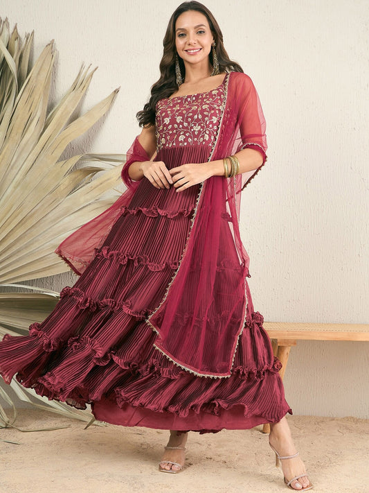 Women Maroon Ethnic Motifs Yoke Design Anarkali Kurta