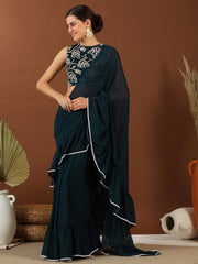 Teal Embroidered Poly Georgette Saree