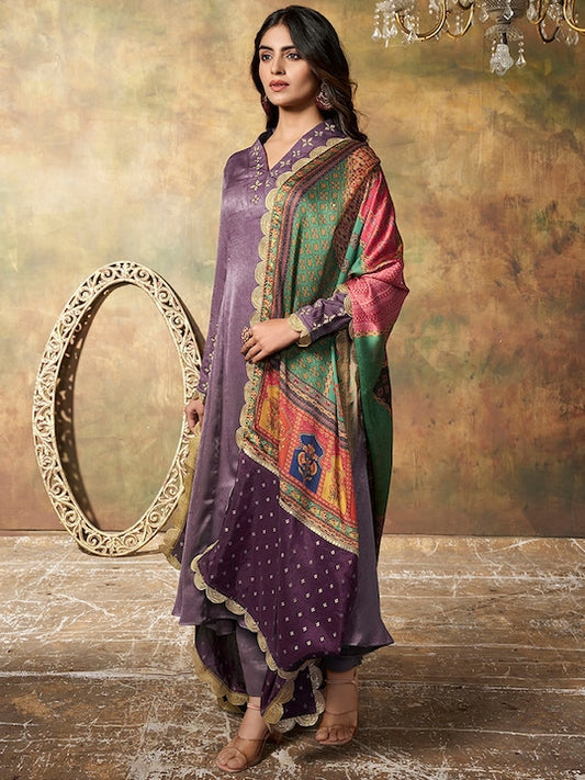 Ethnic Motifs Yoke Design Thread Work Velvet Kurta with Trousers & Dupatta