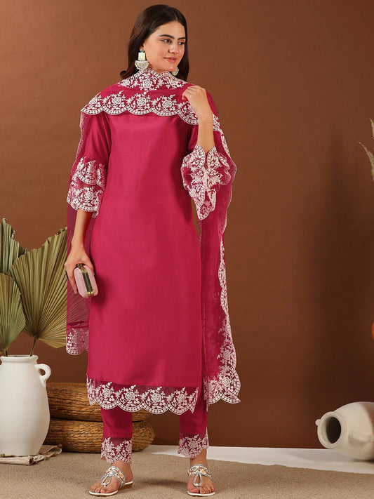 Magenta Thread Work Round Neck Straight Kurta with Trousers & With Dupatta