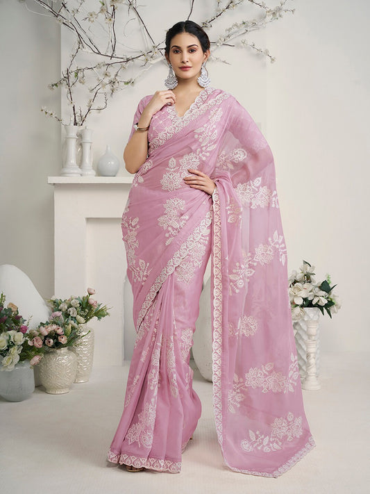 Amyra Dastur Pink Floral Embroidered Organza Saree