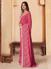 Pink Floral Thread and Sequins Embroidered Saree