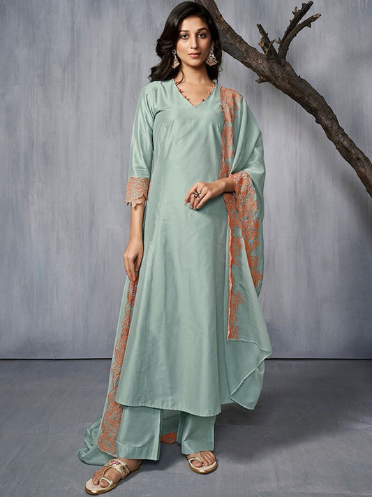 V-Neck Thread Work A-Line Pure Silk Kurta with Trousers & Dupatta