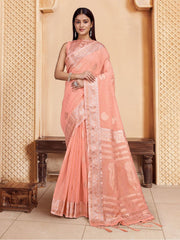 Peach And Silver Ethnic Motif Woven Design Saree With tassels