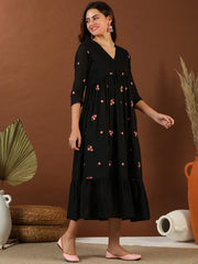 Black Floral Embroidered Fit and Flare Midi Ethnic Dress