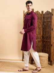 Maroon Roll-Up Sleeves Pathani Kurta With Pyjama