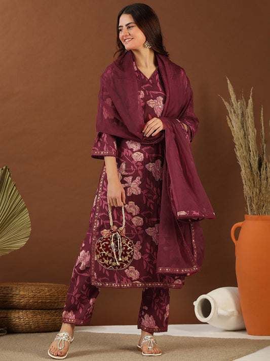 Maroon Floral Printed V-Neck Straight Kurta with Trousers & With Dupatta